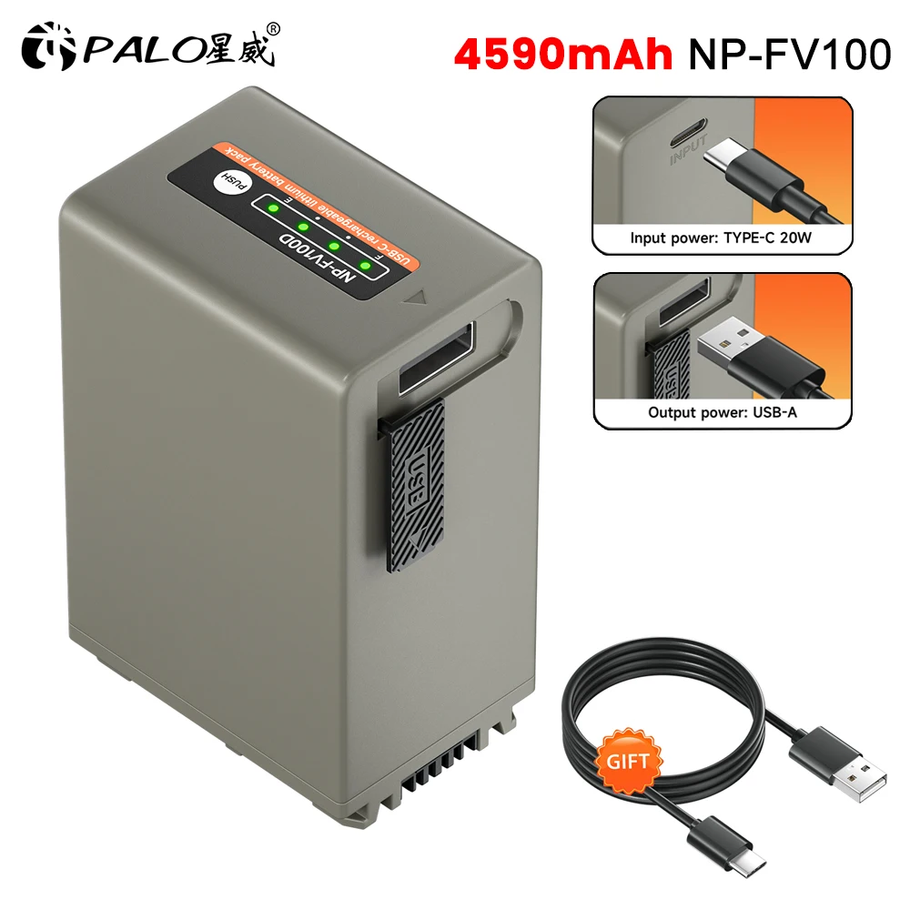 PALO NP-FV100 NP FV100 Battery with Type-C USB Charging Input for Sony NP-FV70 NP-FV90 FV120 HDR-SR68 DCR-SX85 DCR-S SX83E SX63E