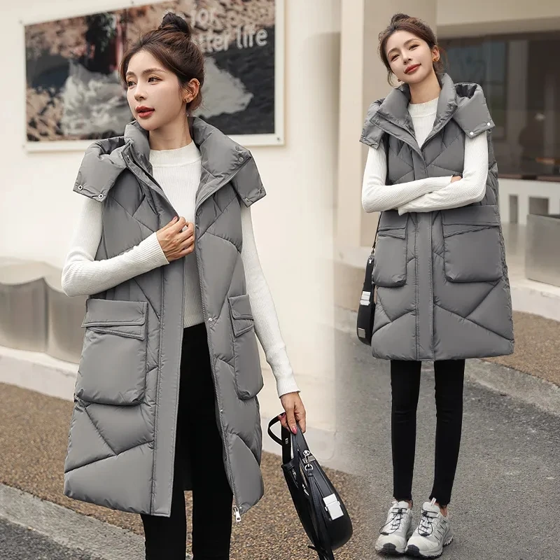 Winter Women Long Hooded Warm Vest Women Solid Detachable Hat Waistcoat Sleeveless Jacket Parka Coats Female Down Cotton Vests