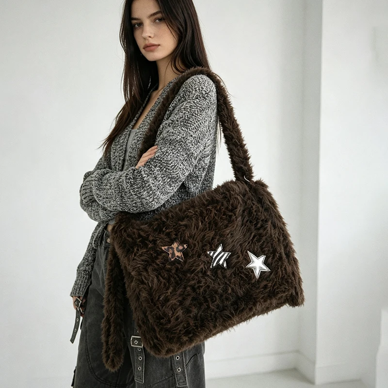 Y2k Vintage Plush Shoulder Bag Autumn Winter Large Capacity Flap Crossbody Bag Stylish Casual Women's Furry Commute Shoulder Bag