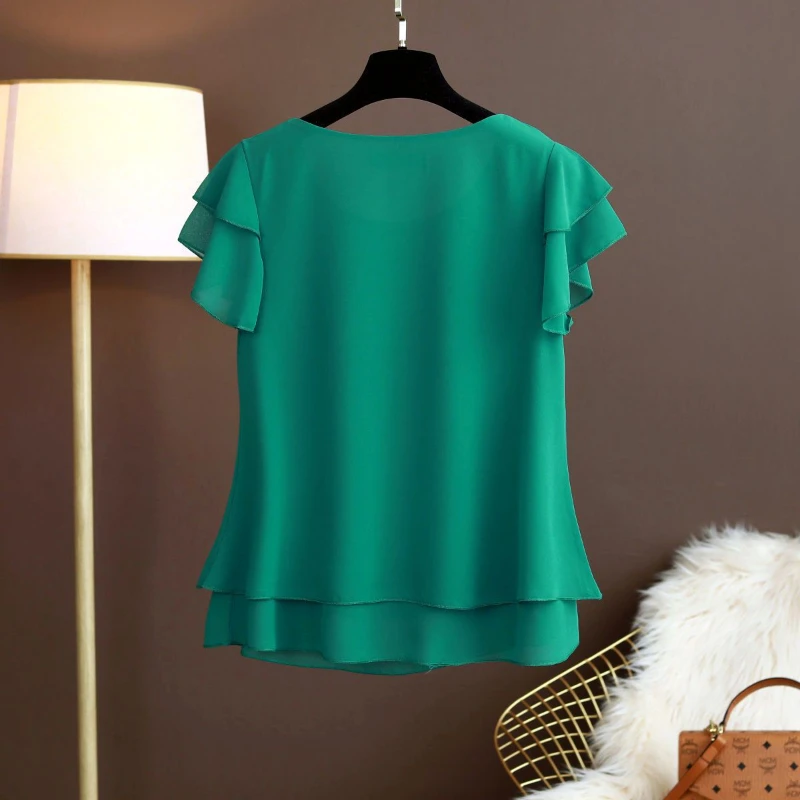 2024 MOYISU New Blouse Women Summer Short Sleeve Chiffon Blouse Solid O-neck Casual Oversized 6XL Loose Womens Tops and Blouses