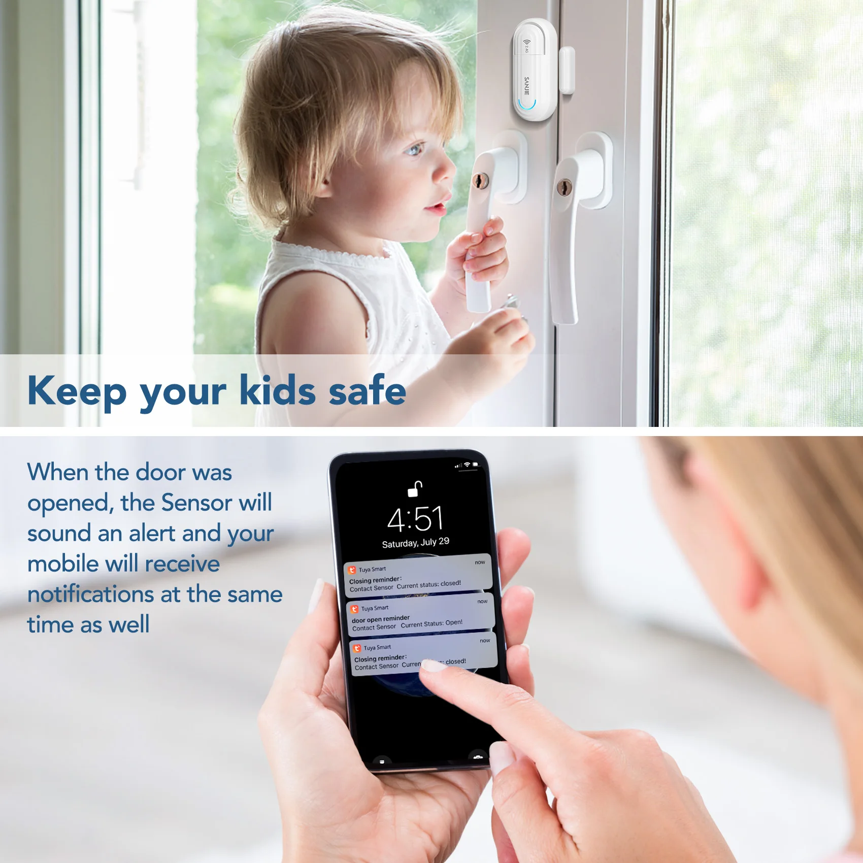 Smart Wireless Door and Window Sensor Alarm 4 Multiple Working Modes and Volume Adjustment Low Battery Reminder