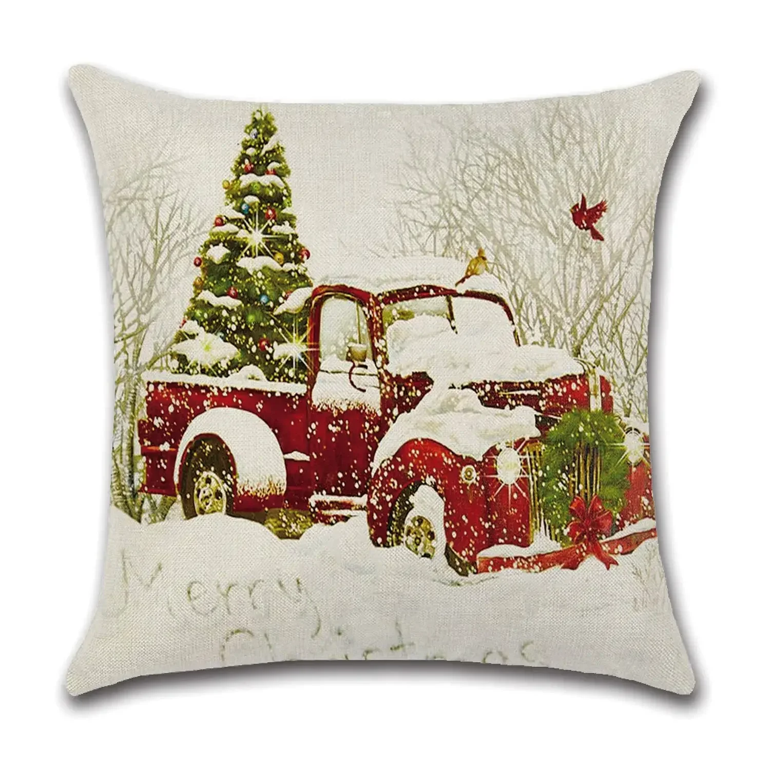 Christmas red truck Christmas tree snowman linen pillowcase sofa cushion cover home improvement can be customized for you 40x40