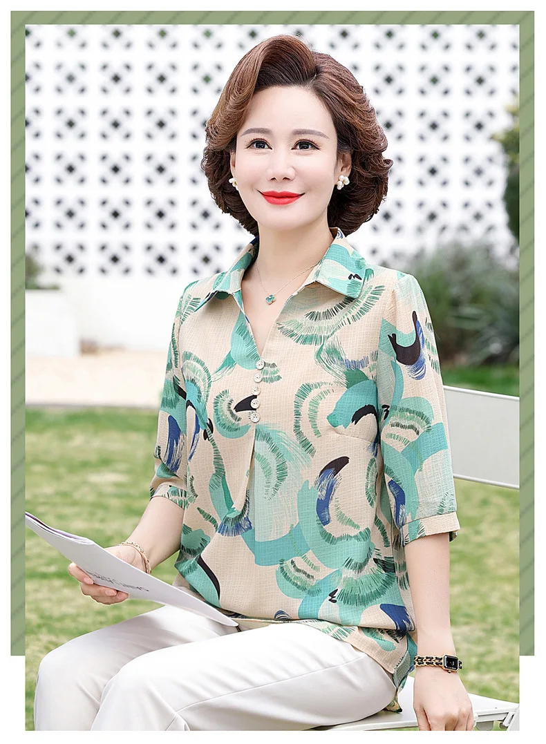 women Chiffon short sleeved top Chinese retro style women's Printed shortsummer 2024 new summer shirt for women's mothers top