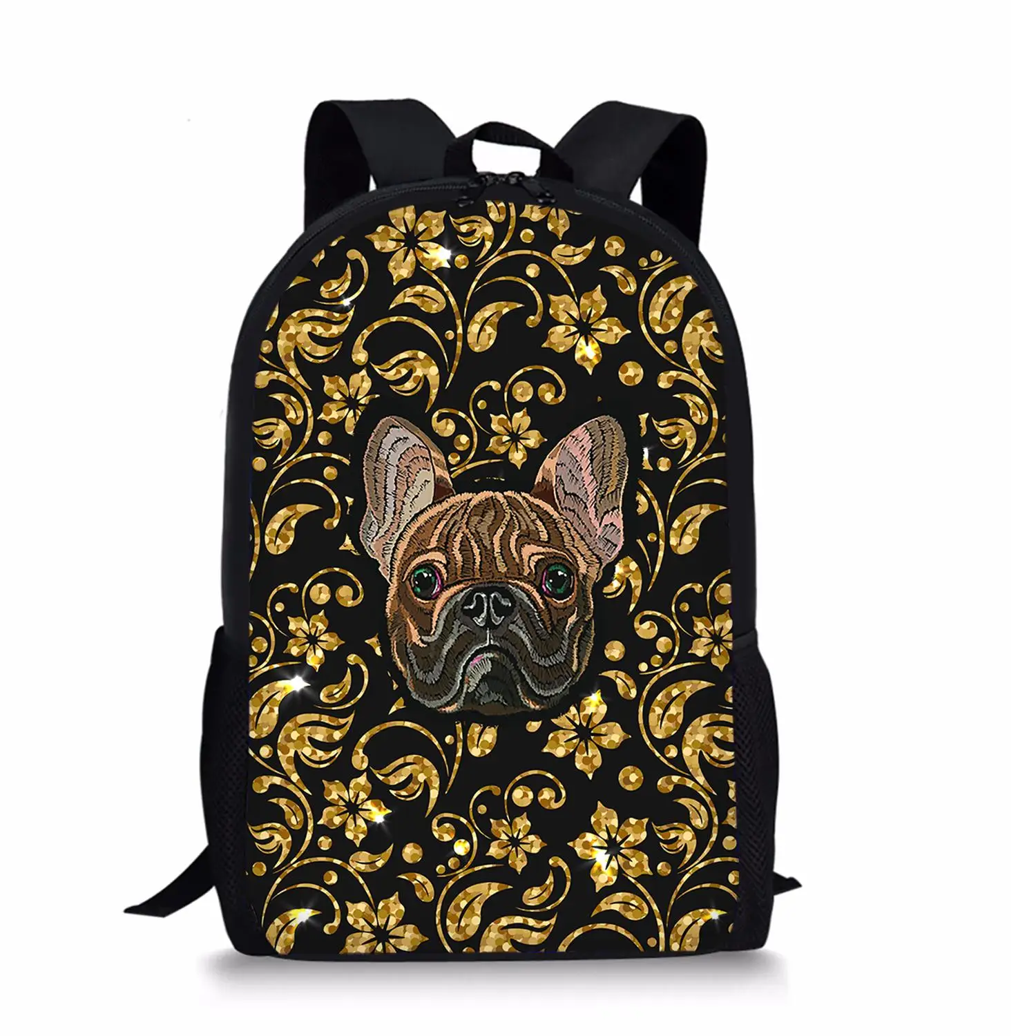 Bolsa de escola buldogue francês para meninos e meninas, sacos de livros casuais infantis, flores, animais, estampas de cães, mochila