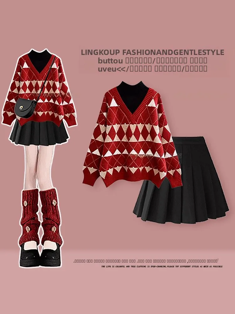 

Cisas красный вязаный свитер и плиссированная юбка, женский комплект для колледжа, осенне-зимний модный костюм больших размеров из двух предметов