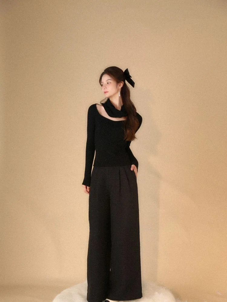 

Original Wcouture t Clo Autumn Winter Plaid High Waist Slimming Bla White Wide Leg Pants Commute Sle Long Pants