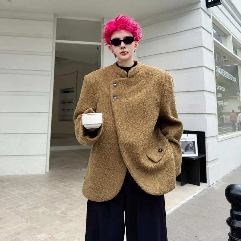 2025 Autumn Winter Commuting Style Stand Collar Thickened Warm Khaki Cardigan Men's Loose Casual Wool Black Blazer