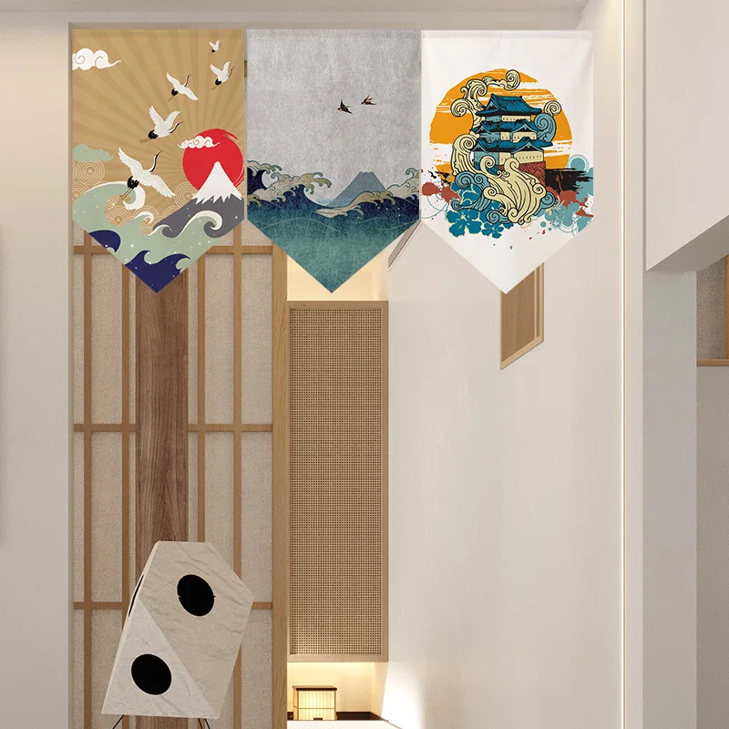 VIKAMA Japanese Style Castle Wave Triangle Valance Curtain, Ukiyo-e Art Print Fabric Pennant Curtain for Restaurant Wall Decor