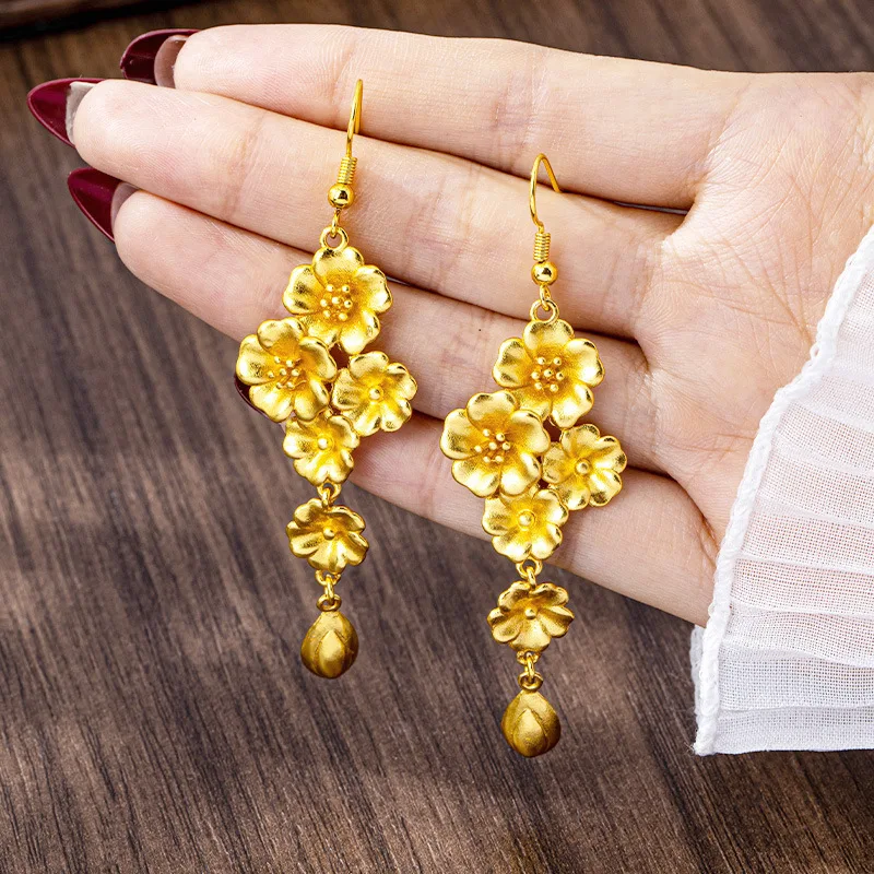 Luxury 24K 9999 Pure Gold real gold Women's Flower Drops Tassel Ear Hook Earrings