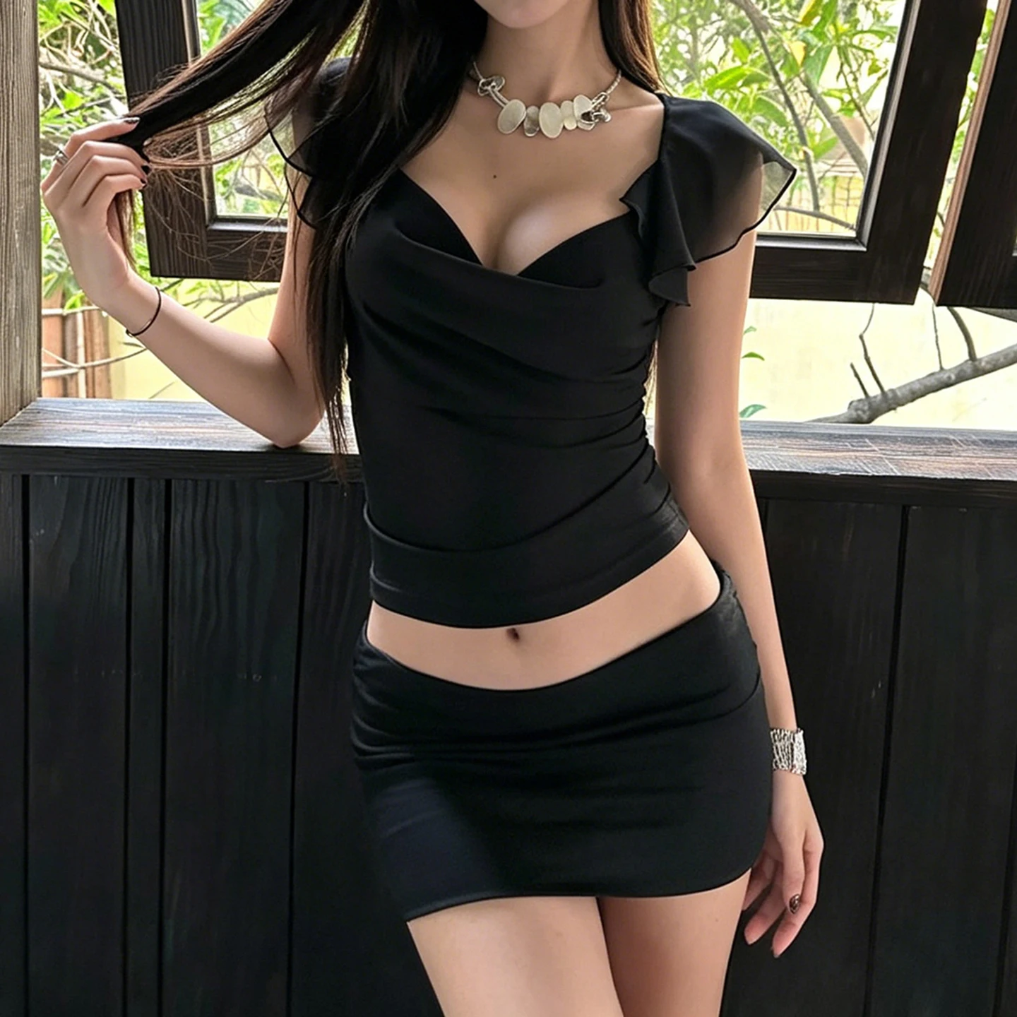 SUCHCUTE Women Black VNeck Ruched Crop Top Ruffle Sleeve Slim Fit Bodycon Sexy Clubwear Y2K Party Going Out Fashion Top Coquette
