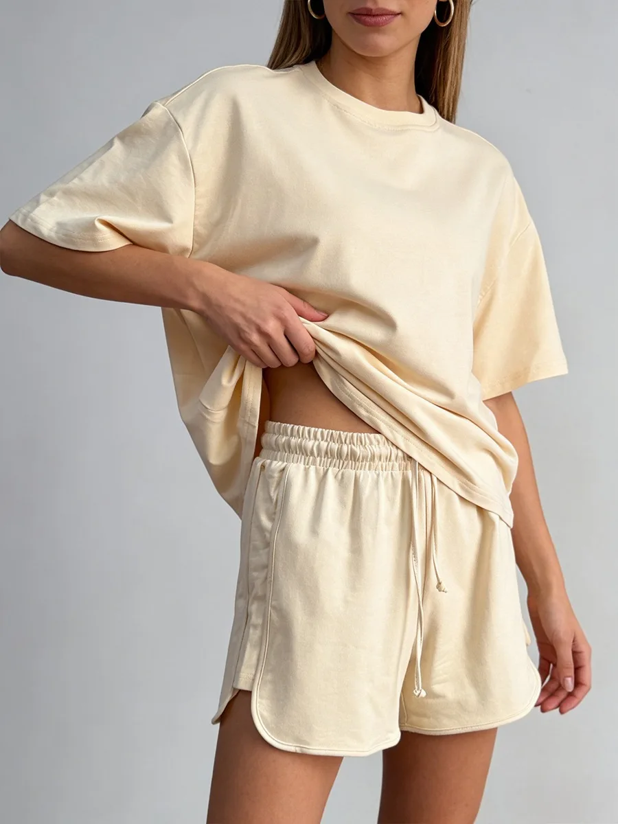 

Trend O-neck Cotton T-shirt Shorts Suit Spring and Summer Women Chic Soft Daily Office Travel Short Sleeve Top Sports Pants 2Pcs