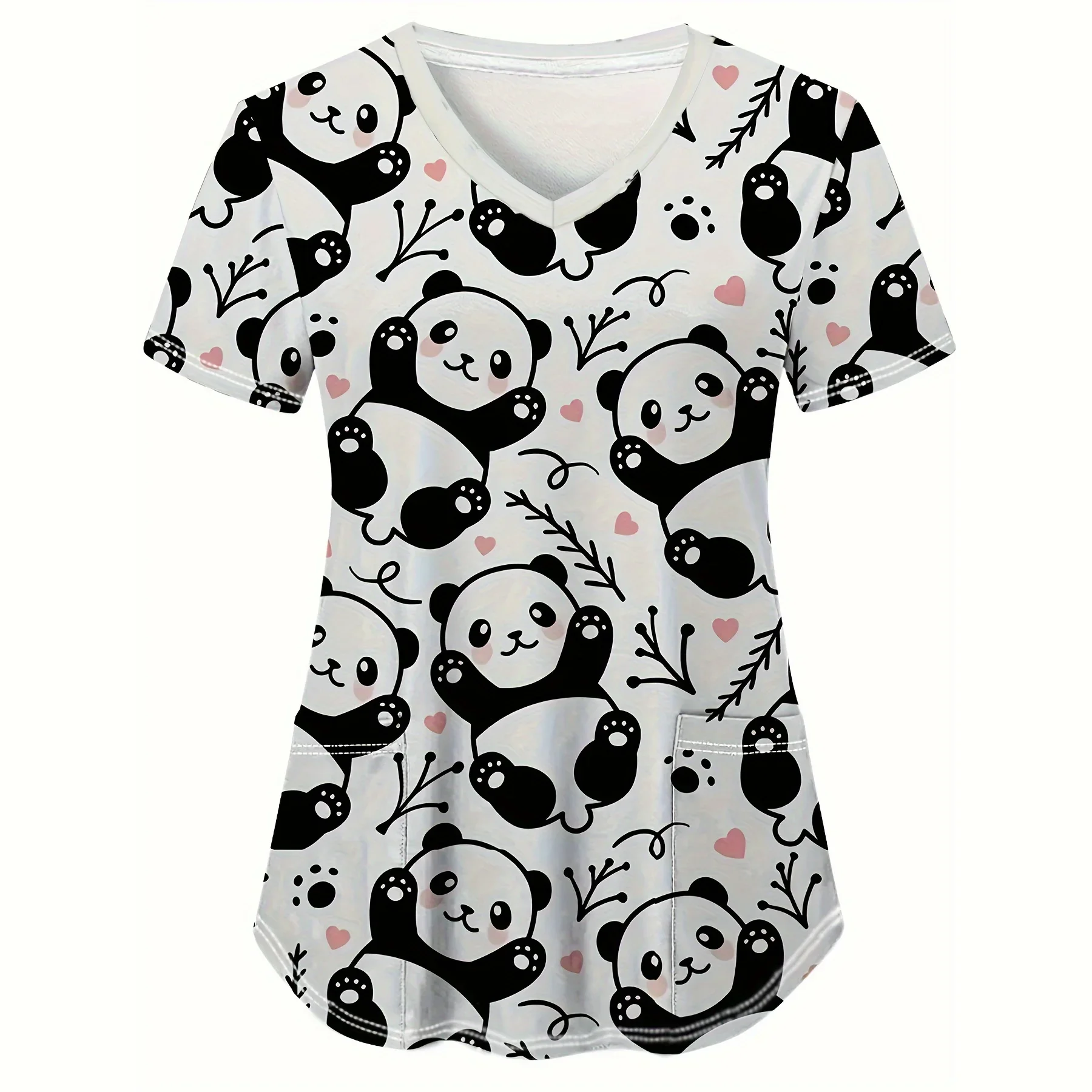 여성용 의료 유니폼 귀여운 팬더 만화 프린트 헬스케어 간호사 상의 V넥 반팔 포켓 티셔츠 임상 유니폼