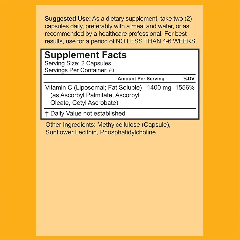 Vitamin C 1400mg per serving, 60 capsules, high absorption ascorbic acid, compound immune support supplement