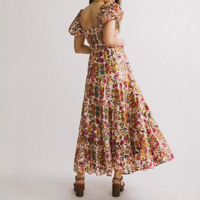 Mulheres verão gola quadrada vestido de férias 2025 chique floral impressão feminino vestido longo francês elegante puff manga balanço a linha vestido