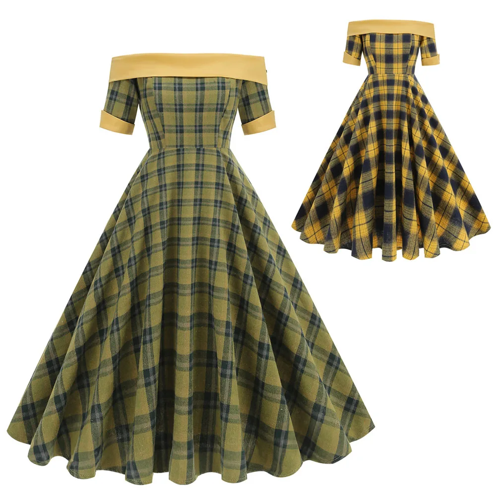 Women Vintage Plaid Dress Elegant Retro Rockabilly Gingham Slash Neck Cocktail Tea Party 1950s 40s Swing Dress Summer Dress