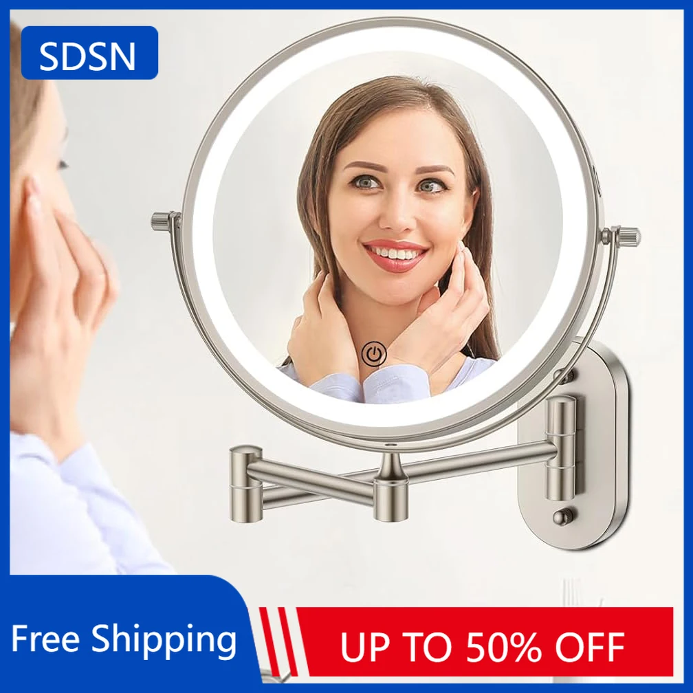 

Brushed Nickel Touch on Bathroom Mirror Wall Mounted Lighted Hotel Bathroom Makeup Mirrors 5X Magnifying Led Folding Bath Mirror