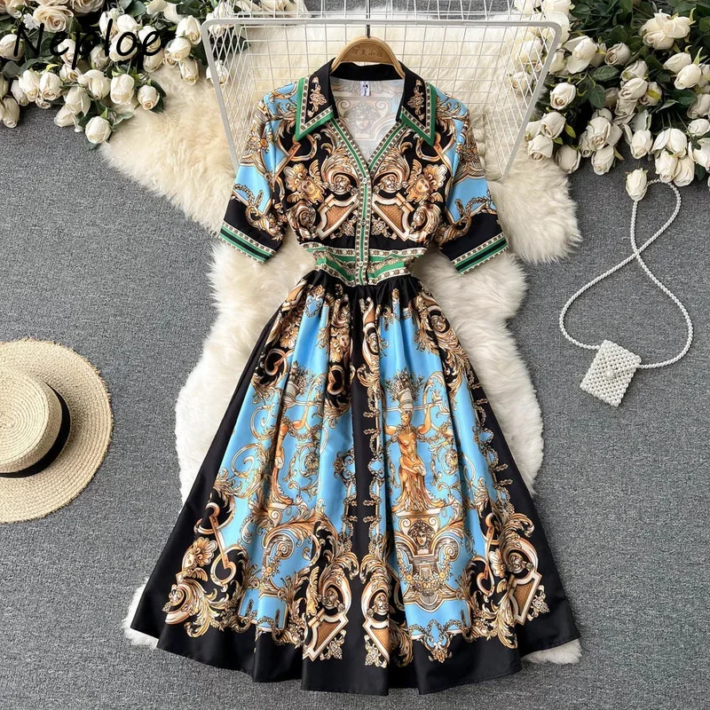 Neploe 2024 Summer New Palace Vintage Printed V-neck Dress Slim Foreign Style Light Luxury Large Swing A-line Dress