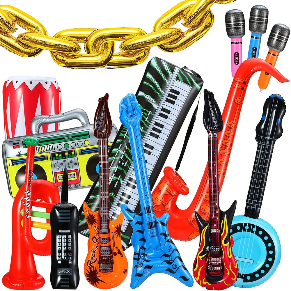 Inflatable Rock Star Toy 80s 90s Musical Themed Rock and Roll Party Decor Boom Box Retro Mobile Phone Guitar Microphone Props