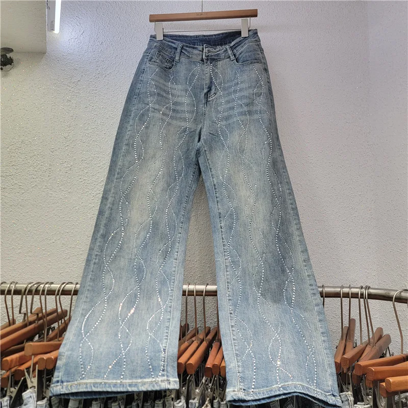 HKSH 2026 Spring New Women Casual Jeans Wave Pattern Studded Diamonds Design Wide Leg Slimming Versatile Y2K Denim Pants HK19095