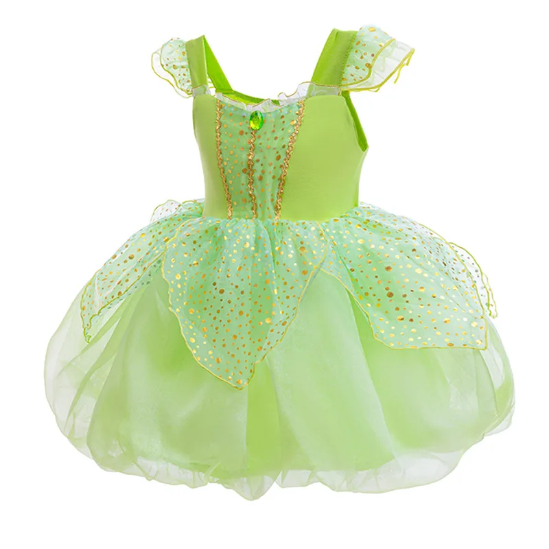 مجموعة أزياء أميرات الهالوين للفتيات، فستان توتو أخضر بدون أكمام مع لمسات ذهبية، زي خرافي الهالوين الكامل للفتيات