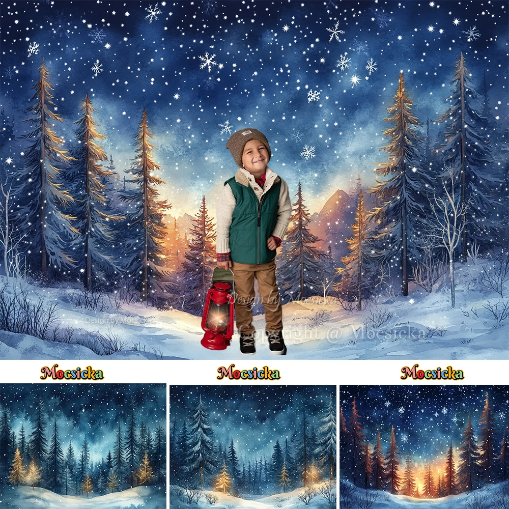 

Christmas Night Forest Background Blue Starry Pine Tree Snowflake Backdrop Kids Winter Birthday Cake Smash Studio Photo Booth