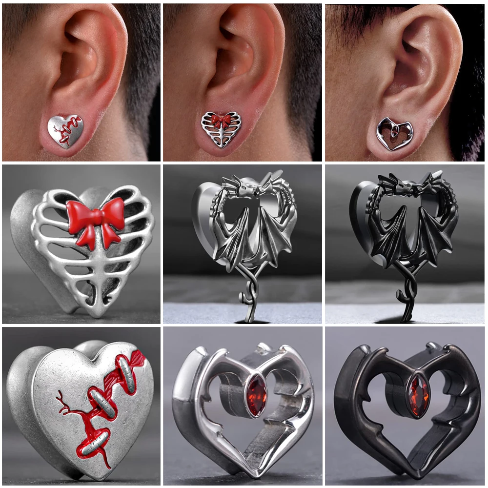 1PC Stainless Steel Skull Skeleton With Bow Tie Ear Plugs Heart-Shaped Cz Ear Gauges Stretcher Flesh Tunnels Piercing Earrings