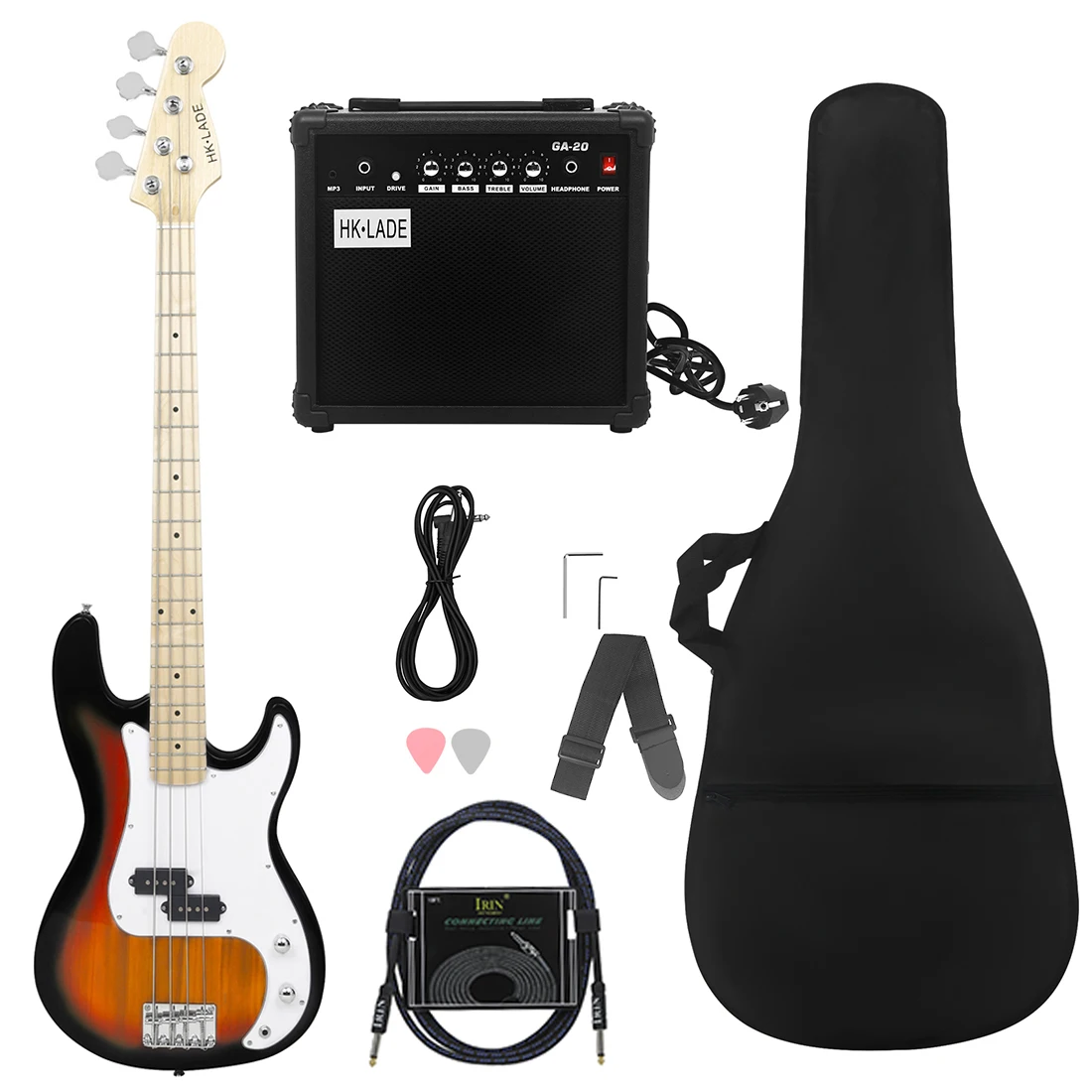 Sunset Black HK-LADE Electric Bass Set Maple Fretboard Electric Bass Guitar Set with Amplifier Bag Strap Picks 3M line Parts