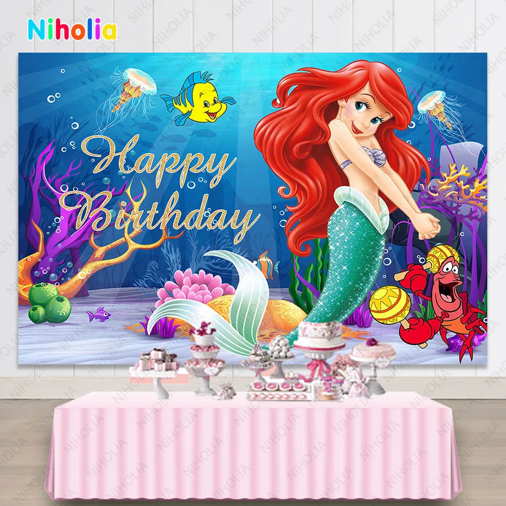 Little Mermaid Backdrop Girls Birthday Decoration Ariel Princess Photo Background Seabed Shell Treasure Photocall Props Poster