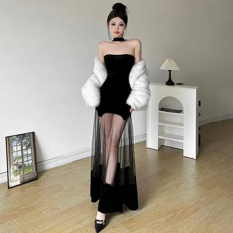 XingCheng Fluwelen Elegante Gothic Party Halter Jurken Y2k Mesh Patchwork Backless Vrouwen Jurk Sheer Skinny Avond Sexy Kleding