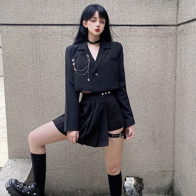 2023 Woman Punk Chain Black Short Jacket Fashion New Casual Pants Skirt Two-piece Set Spring Fall Solid Jackets Outerwear