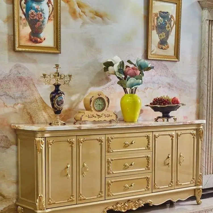 

Marble dining side living room, golden tea, solid wood carving, large-capacity storage cabinet