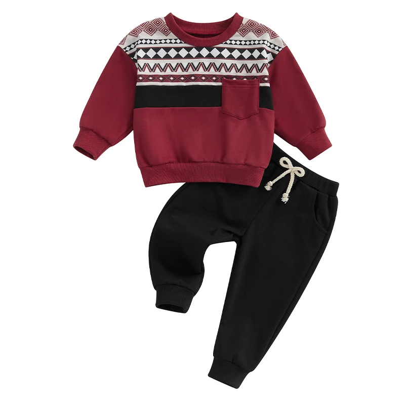 

Baby Boy Fall Outfit Geometric Print Long Sleeve Sweatshirt and Elastic Pants 2 Piece Clothes for Toddler