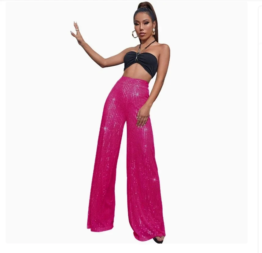 

Women's Fashion Sequined Flared Pants Sparkling High Waist Wide-Legged Pants Female Elegant Casual Trousers Streetwear Mujer