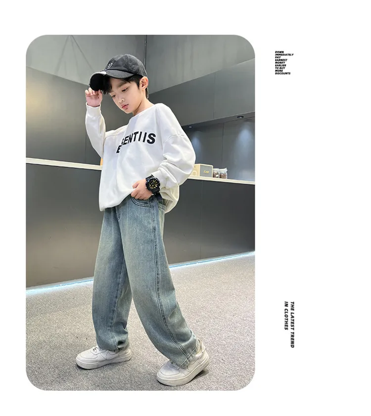 Neues Design: Baggy-Jeans für Teenager-Jungen, lässiger, lockerer Stil, Cartoon-Denim-Hosen, elegante, gerade geschnittene Jeanshosen für Kinder. – Detail 5