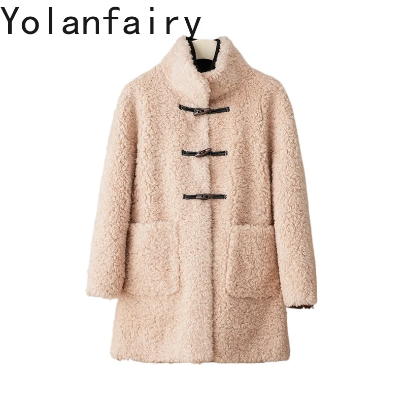 YOLANFAIRY معاطف صوف 100% للنساء شتاء متوسط الطول سترة قص الأغنام سترات صوفية نسائية غير رسمية Chaquetas Para Mujer #1