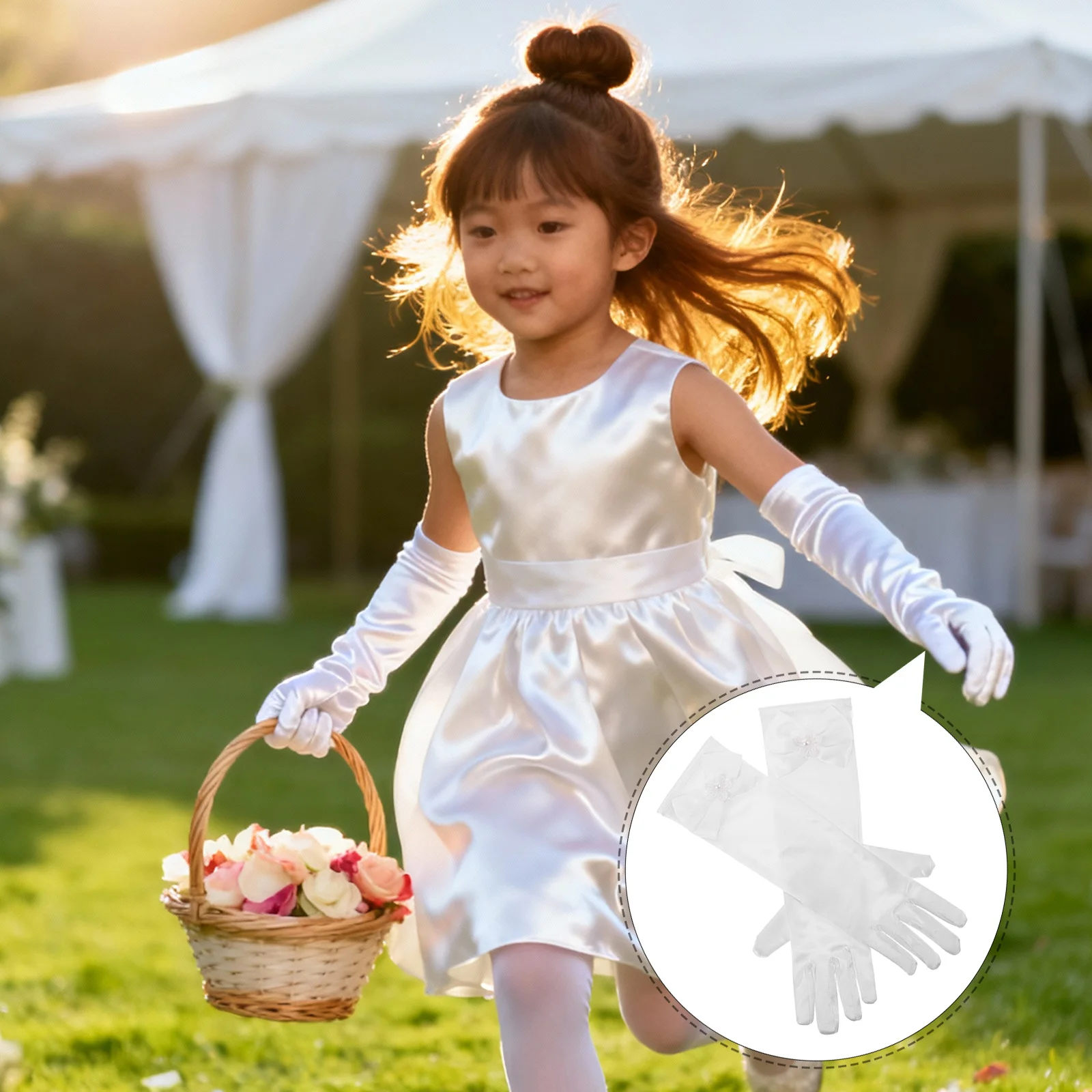

2pcs Children'S Formal Gloves White 11.4" Satin Elegant Bowknot For Wedding Party Tea Time Praise Dance Kids Dress Up