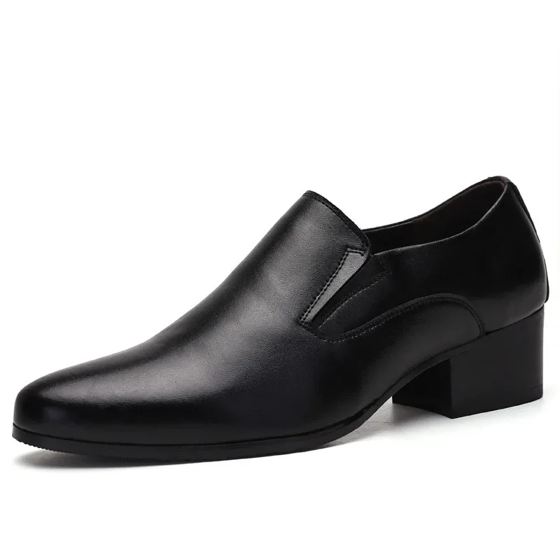 6-8 Cm Height Increasing Men Business Dress Shoes Slip On Pointed Toe Cowhide Leather Classic Men Formal Oxfords Black