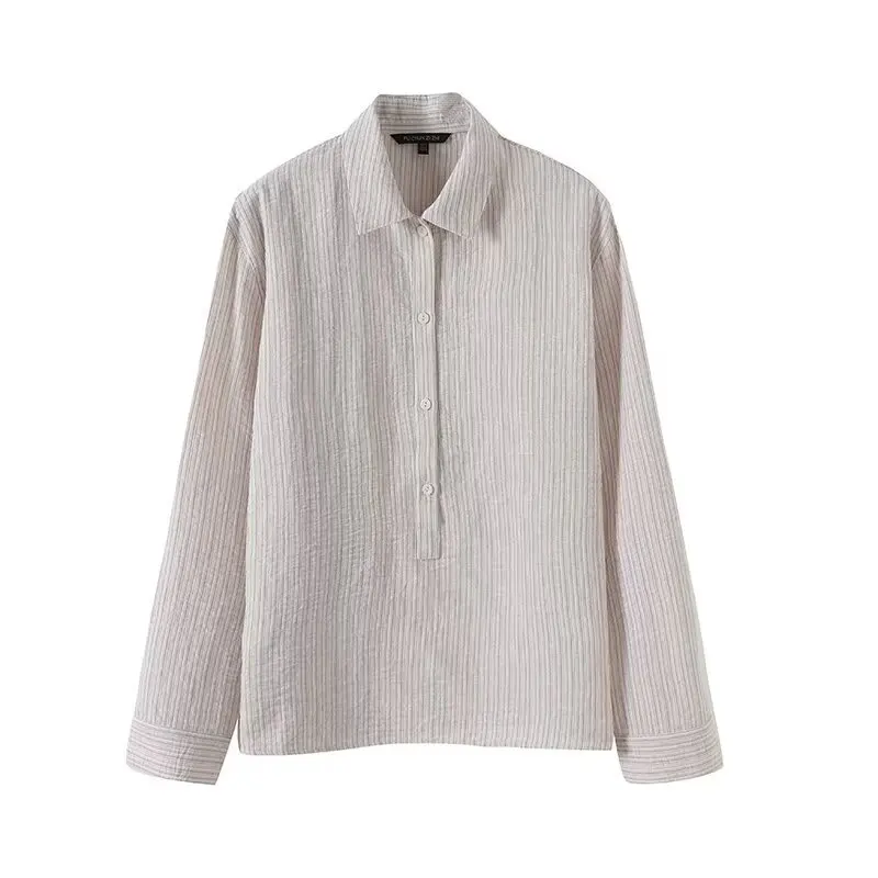 Verano 2025 Csa de Mujer a Rayas ra de Lino Puro con Cuello Csero de Manga Larga Versátil de Ajuste Hoado y Largo...