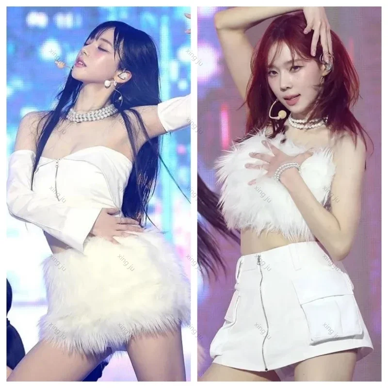 

New Women Group Cosplay Costumes White Slim Sling Vest Crop Tops Sexy Zipper Short Skirt Kpop Stage Performance Nightclub Outfit