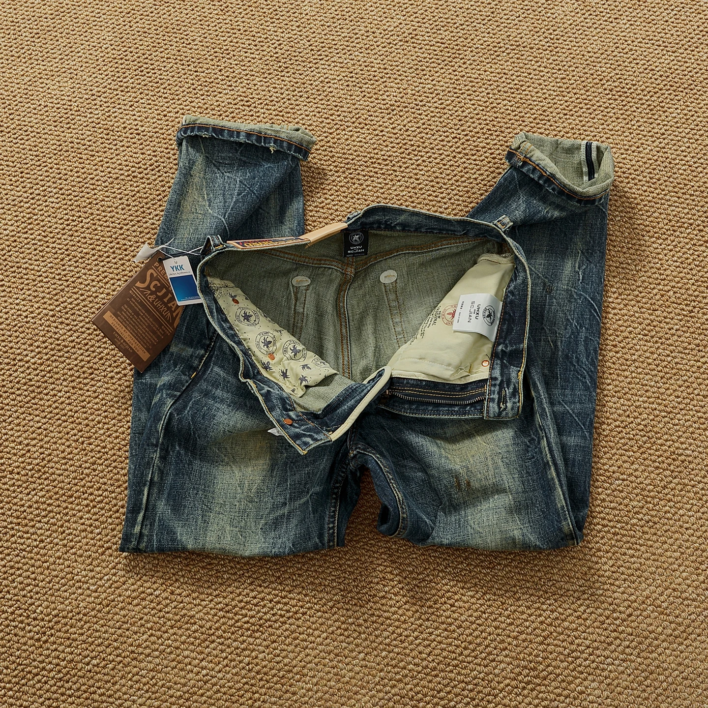 

Мужские джинсы Heavy Du с винтажной талией, осенне-зимние джинсовые брюки, повседневные прямые брюки с конусом апауном и набивной каменной подошвой