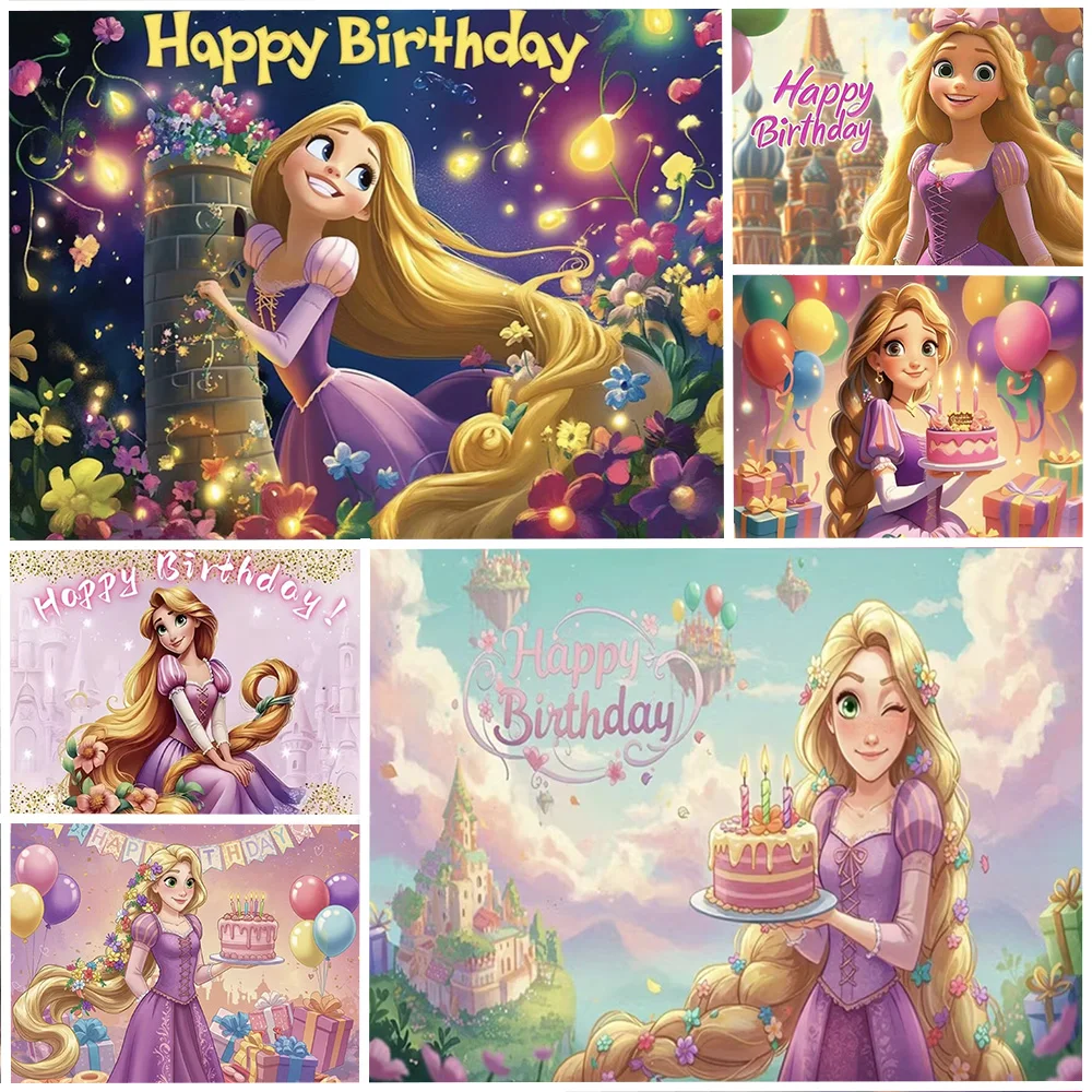 

Disney Enchanted Rapunzel Theme Backdrop Fairy Tale Castle Princess Girl Birthday Party Decor Background Photo Props Supplies