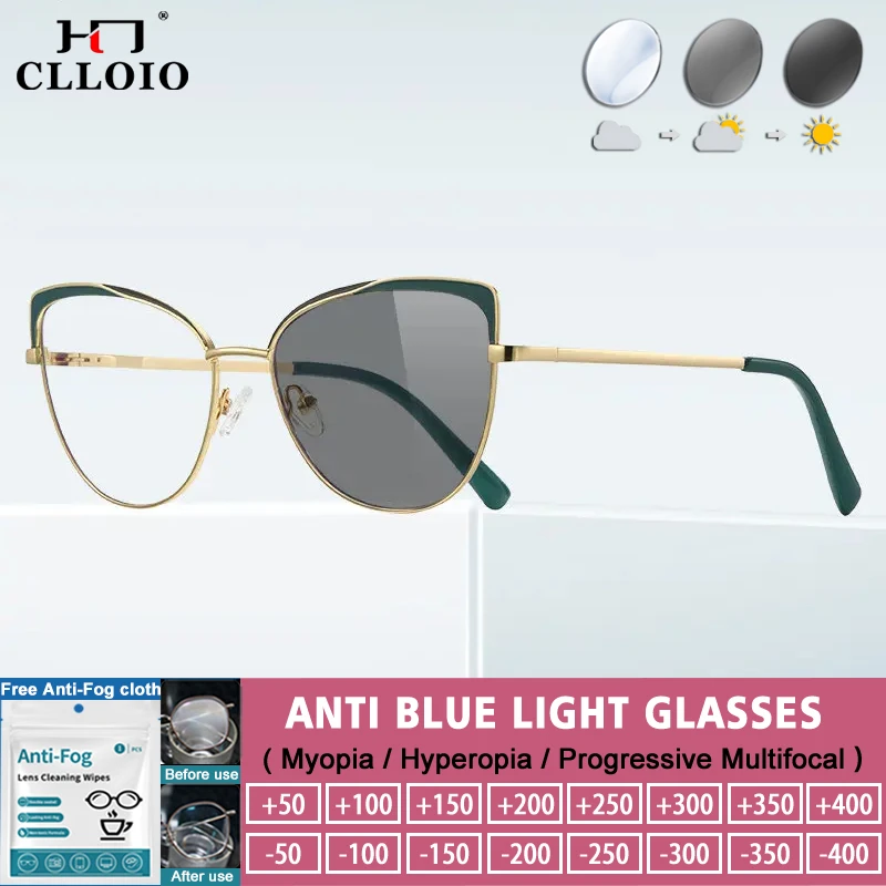 

CLLOIO New Women Cat Eyes Photochromic Reading Glasses Fashion Butterfly Frame Prescription Anti-blue Ray Progressive Eyeglasses