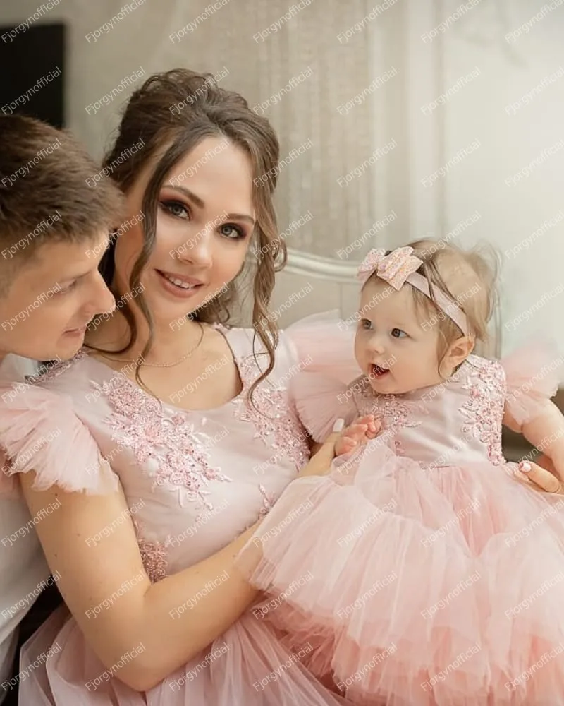 Pink Mother And Kid Tulle Matching Dresses Puffy Shoulder Long   Photo Shoot Family Look First Birthday Mom And Me Evening Gowns