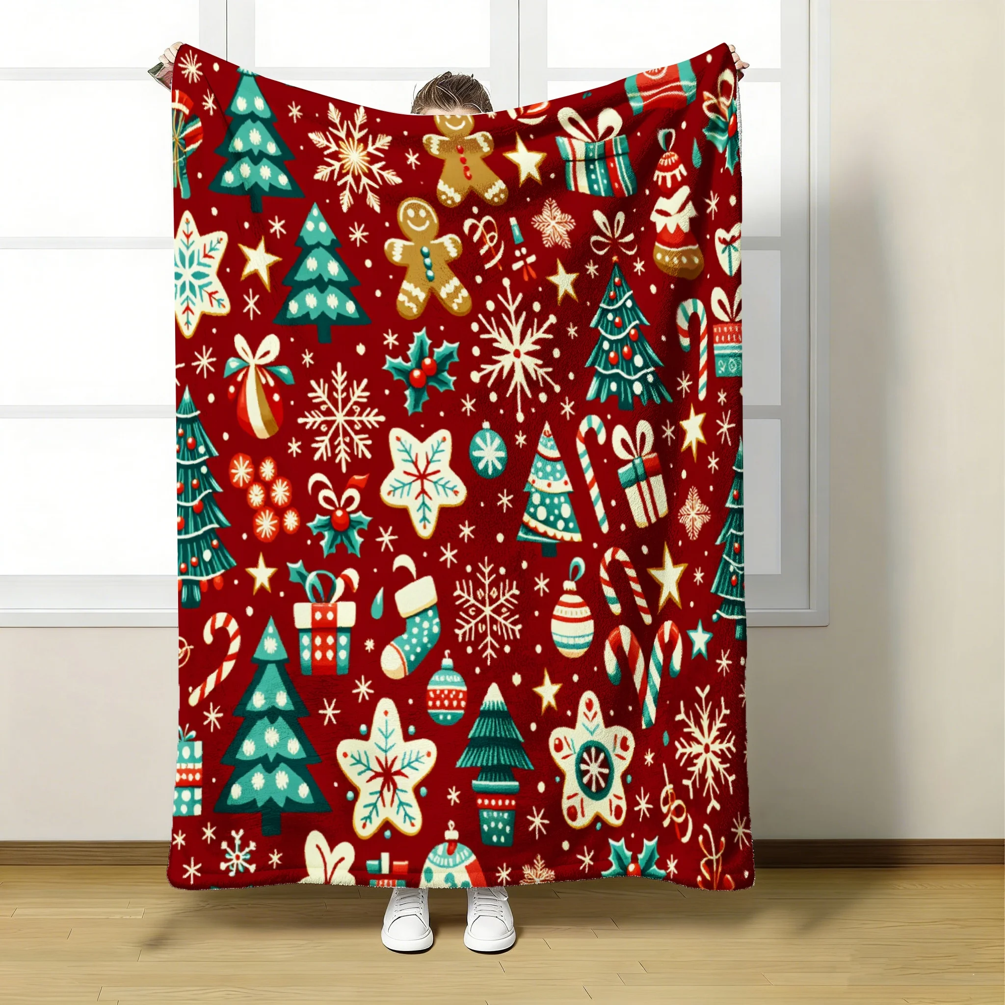 1 Stück Weihnachtsbaum-Lebkuchenmann-Schneeflocken-Decke, geeignet für Sofa, Bett, Camping, weicher Flanell, maschinenwaschbar, leichte, gemütliche Outdoor-Decke für Besitzer, 280GSM