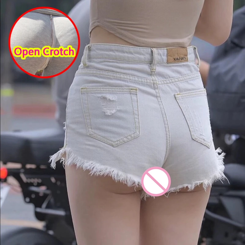 Korean Style Woman Open Crotch Pants with Hidden Zippers Mini Short Sexy Jeans Y2K Push Up Booty Lifting Crotchless Panties Club