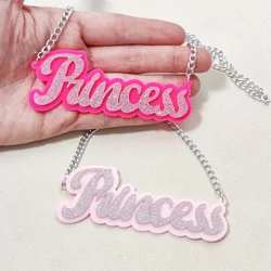 KUGUYS Glitter Letter PRINCESS Statement Pendant Necklace for Women Hot Pink Acrylic Cute Accessories Fashion Jewelry
