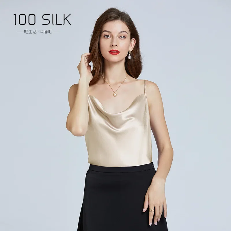 New 100% Mulberry Silk Sling Wavy Neck Trend Camisole Top Women Sexy Inner Base Vest Tops Vest Satin Pajamas Outer Wear Shirt