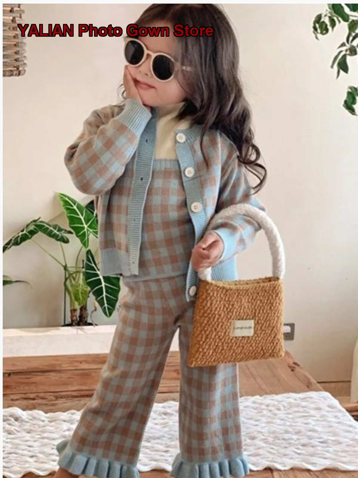Girls Spring Set Spring Autumn Knit Flared Pants Baby Stylish Three-Piece Set Kids