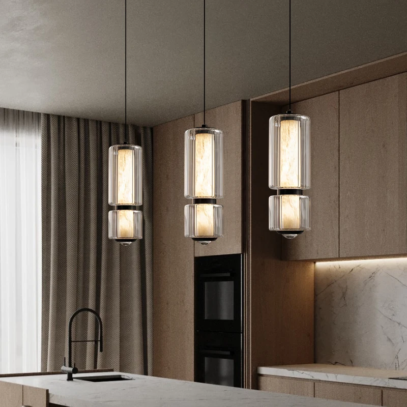 Restaurant Long Stripe Pendant Light Marble Glass Lampshade Nordic Bedside Decor Hanging Light Living Room Stairs Pendant Lamp