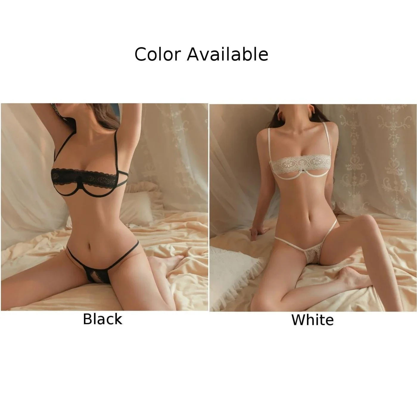 Womens Sexy Open Cup Bra Set Crotchless T-back Briefs Open Butt Knickers Seduction Lingerie Solid Underwear Erotic Sleepwear